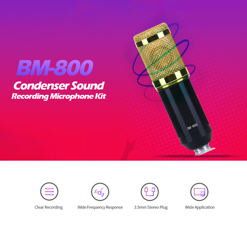 BM-800 Condenser Sound Recording Microphone and Plastic Shock Mount for Radio Broadcasting Studio Voice Recording - Black