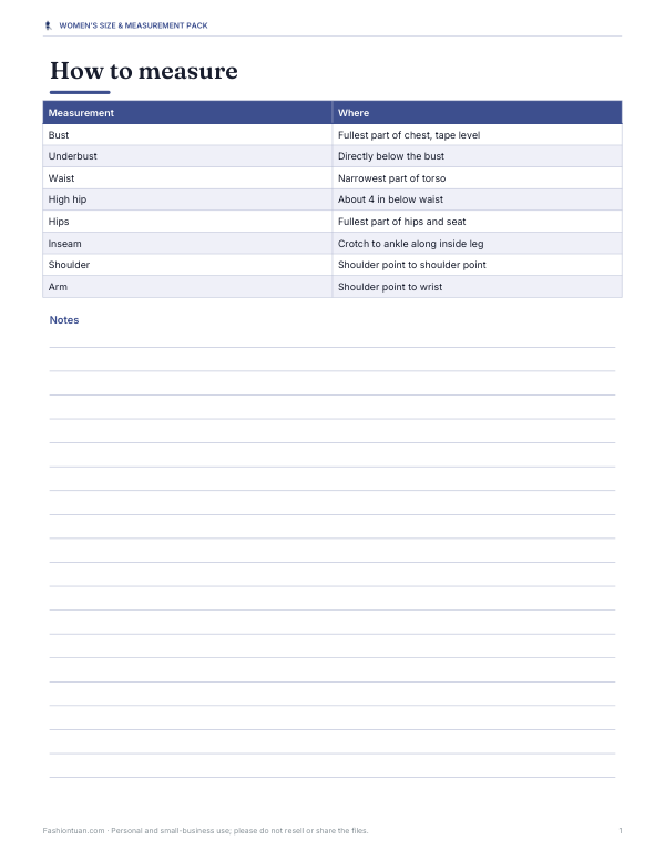 Preview of Printable Women’s Measurement Guide